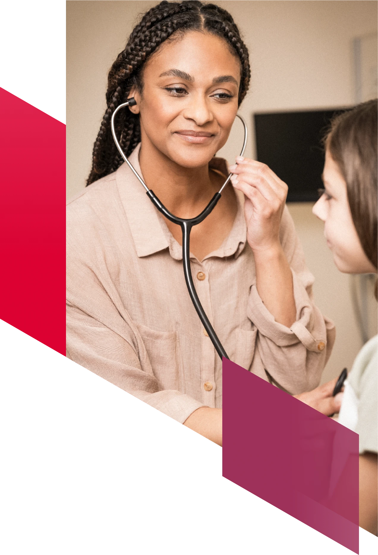 A locums physician listens with her stethoscope while examining her patient.